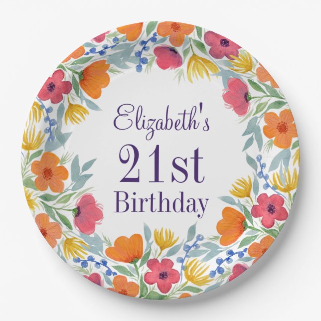 Plato De Papel Bright Floral 21st Birthday (Anverso)