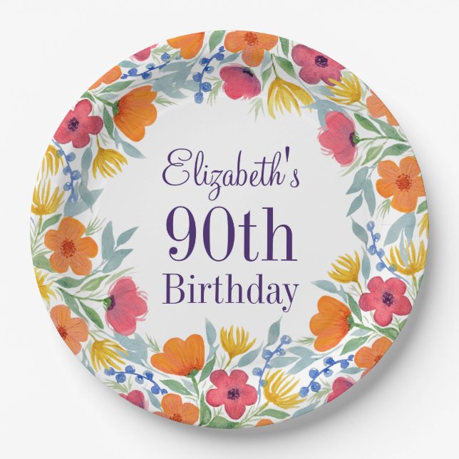 Plato De Papel Bright Floral 90 cumpleaños (Anverso)