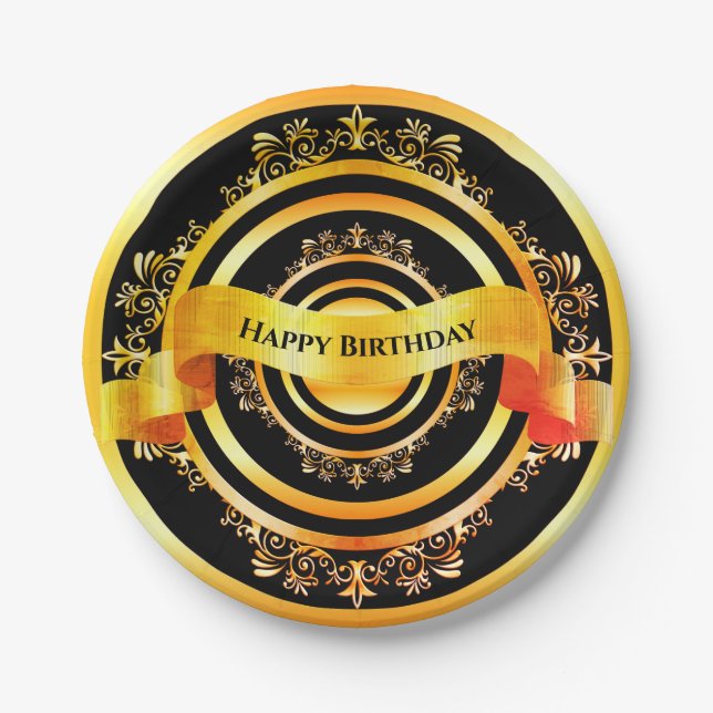 Plato De Papel Bright Gold Stylish Embellecido Feliz Cumpleaños (Anverso)