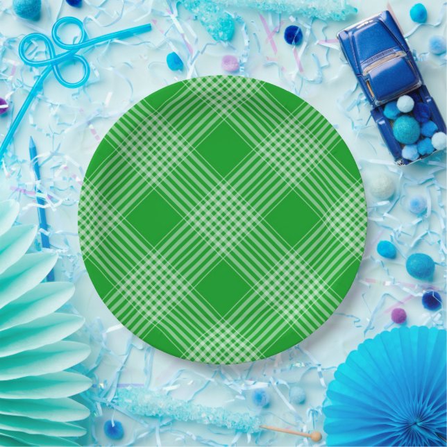 Plato De Papel Bright Green Plaid Checked Pattern (Fiesta)