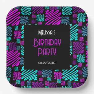 Plato De Papel Bright Neon Purple Blue Geometric Birday