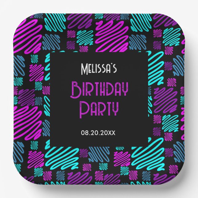 Plato De Papel Bright Neon Purple Blue Geometric Birday (Anverso)