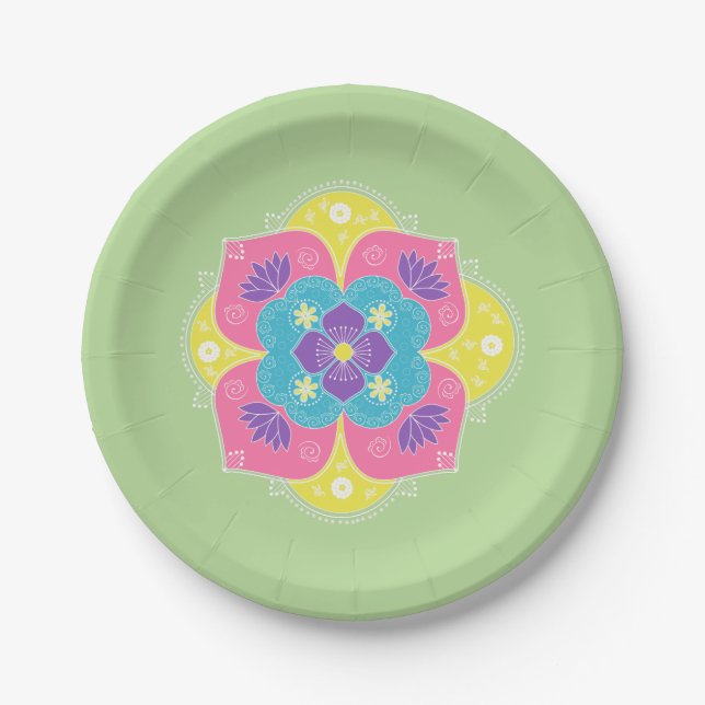 Plato De Papel Bright Pastel Lotus Rangoli (Anverso)