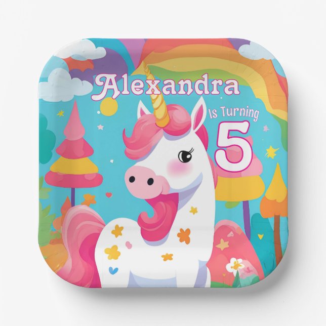Plato De Papel Bright Pink Cute Unicorn Cumpleaños (Anverso)