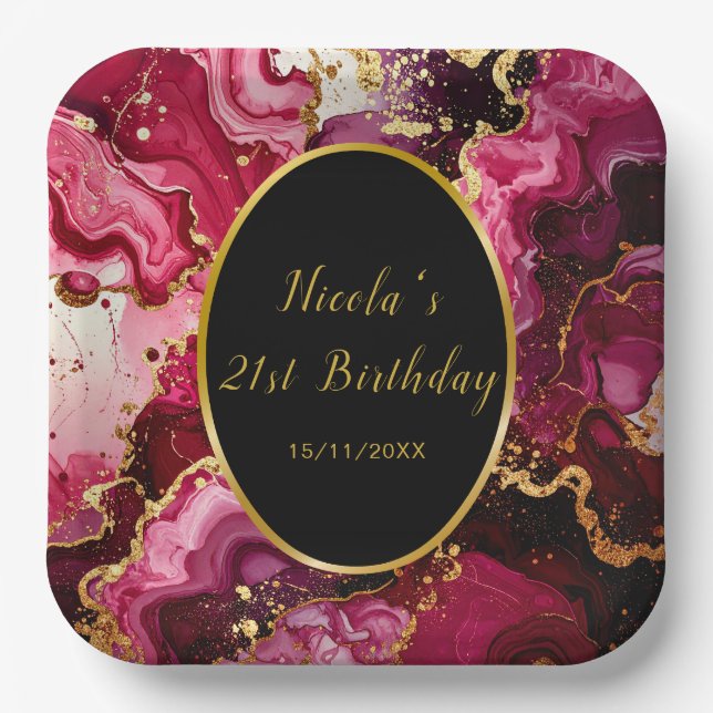 Plato De Papel Bright Red and Gold Marble Agate Birthday Party (Anverso)