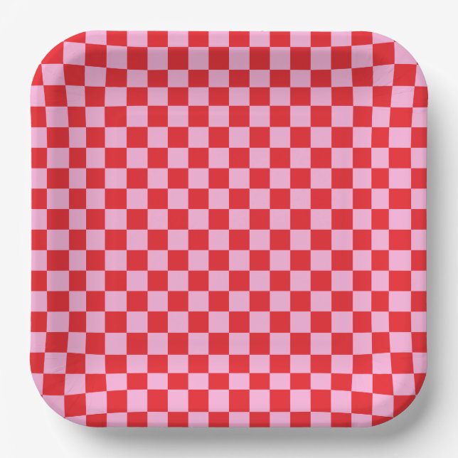 Plato De Papel Bright Red and Light Pink Checkered (Anverso)