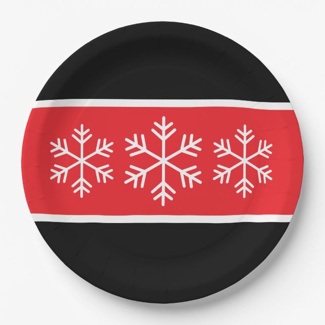 Plato De Papel Bright Red Black White Stripes Alpine Snowflakes (Anverso)