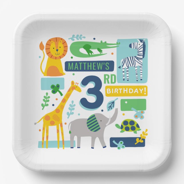 Plato De Papel Bright Zoo Jungle Animals Birthday PARTY PLATE 9" (Anverso)