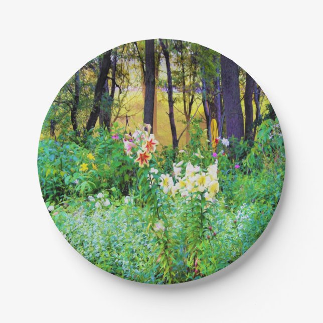 Plato De Papel Brillante amanecer con lirios de árbol en My Rubio (Anverso)