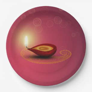 Plato De Papel Brillante Feliz Diwali Diya - Placa de papel