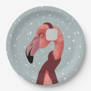 Plato De Papel Brillante Flamingo De Invierno Acogedor Con Scarf
