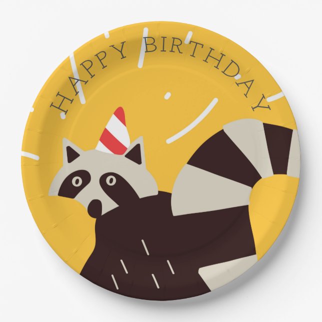 Plato De Papel Brillante Funky Feliz Cumpleaños Raccoon Paper Pla (Anverso)