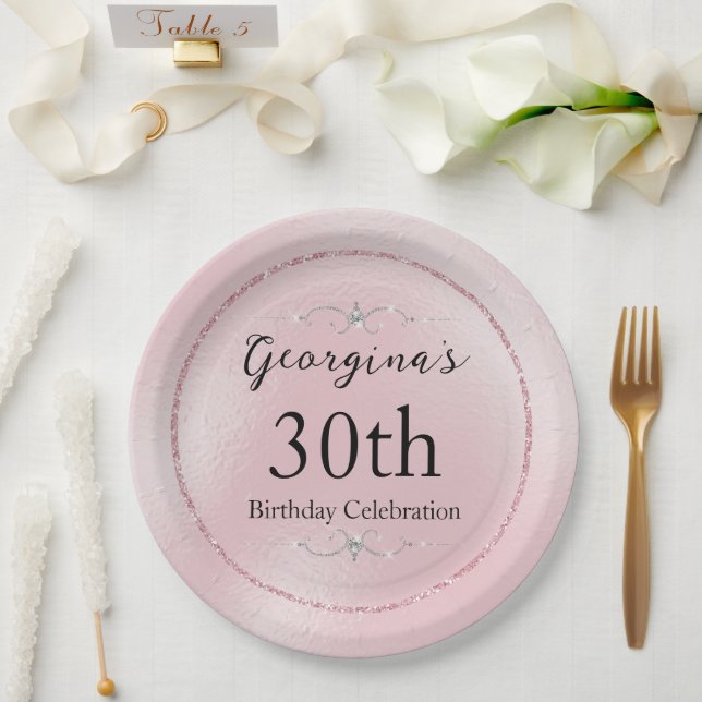 Plato De Papel Brillante Glitter Rosa y Diamantes (Boda)