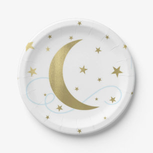 Plato De Papel Brillante luz azul y dorada estrellas de la luna b