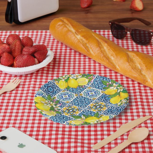 Plato De Papel Brillante Mediterráneo Sicilia Tiles Citrus Lemons (Picnic)