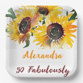 Plato De Papel Brillante Negrita Girasol Acuarela Fabuloso 50