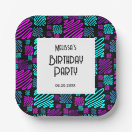 Plato De Papel Brillante Neon Geometric Pattern Black Birday