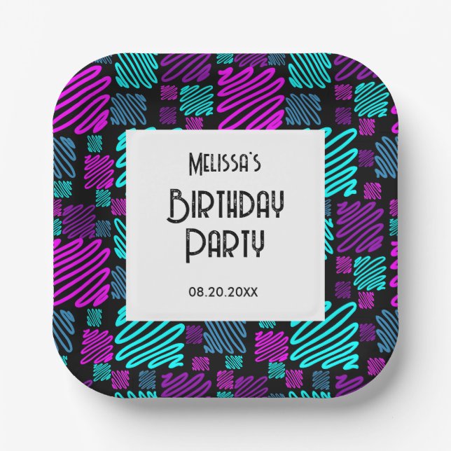 Plato De Papel Brillante Neon Geometric Pattern Black Birday (Anverso)