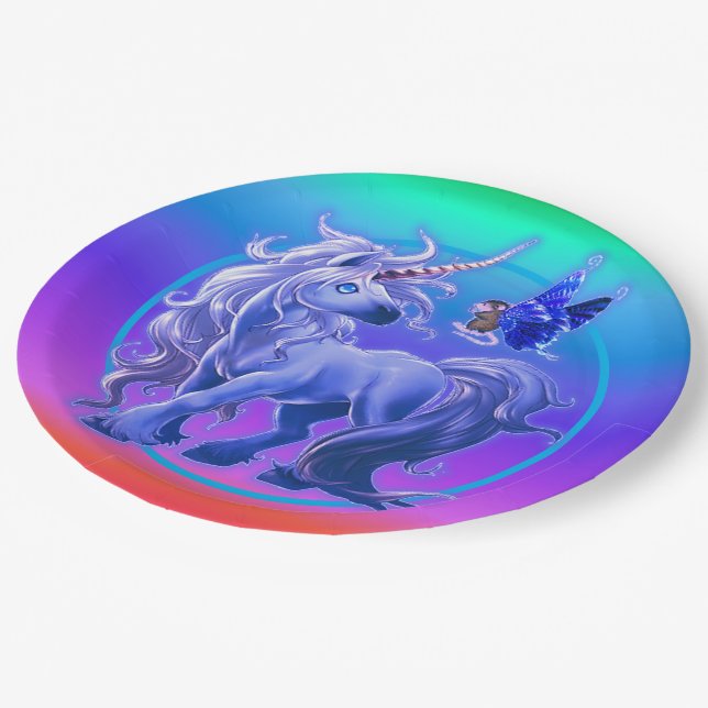 Plato De Papel Brillante Pastel Azul Arcoiris Unicornio (Angular)