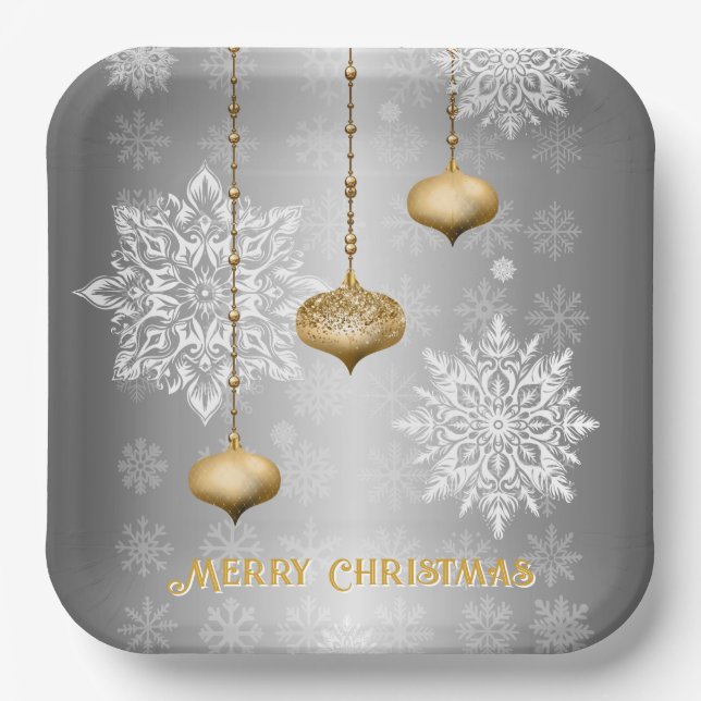 Plato De Papel Brillante Plata Feliz Navidad (Anverso)