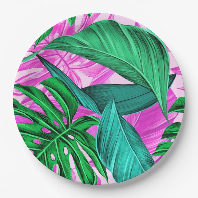 Plato De Papel Brillantes hojas rosadas y verdes tropicales (Anverso)