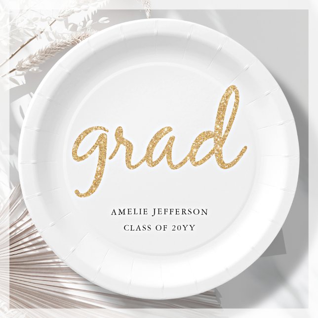 Plato De Papel Brillantina dorada | Graduación blanca (Subido por el creador)