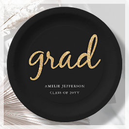 Plato De Papel Brillantina dorada | Graduación negra
