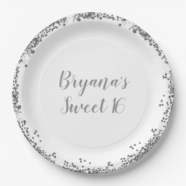 Plato De Papel Brillo Blanco Plateado Glam Edge Dulces 16 Fiesta (Anverso)