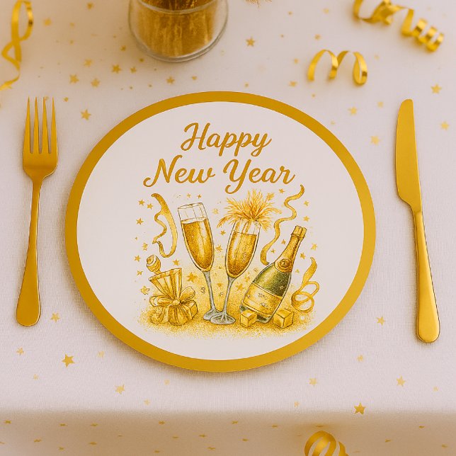 Plato De Papel Brillo Dorado Glamuroso Nochevieja  (Glam gold and white NYE party plate )