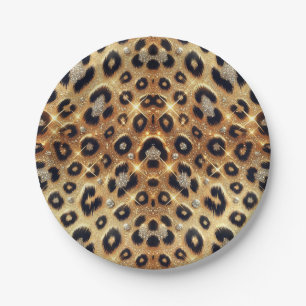 Plato De Papel Brillo Glam Oro Estampado Leopardo Guepardo Negro