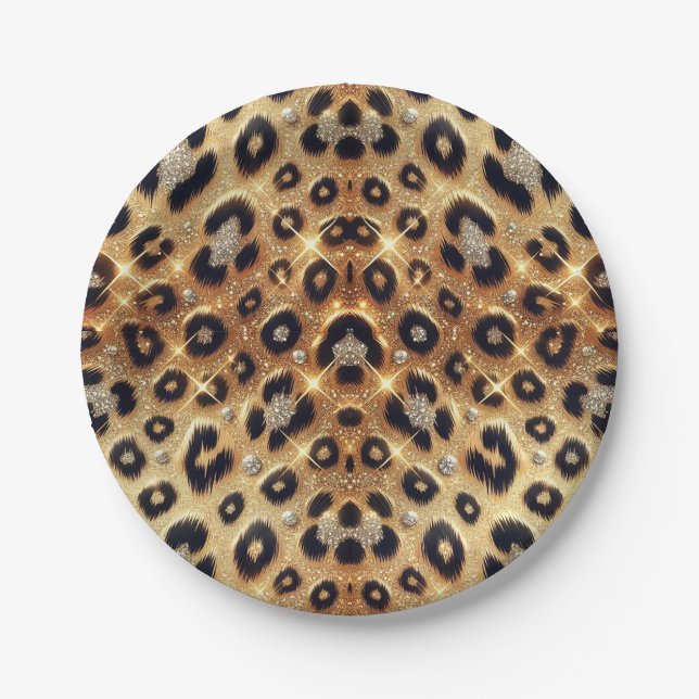 Plato De Papel Brillo Glam Oro Estampado Leopardo Guepardo Negro (Anverso)