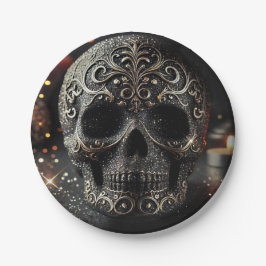 Plato De Papel Brillo Negro Glam Sparkle Calavera Gótico