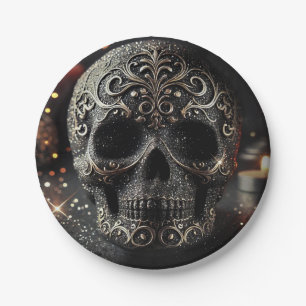 Plato De Papel Brillo Negro Glam Sparkle Calavera Gótico