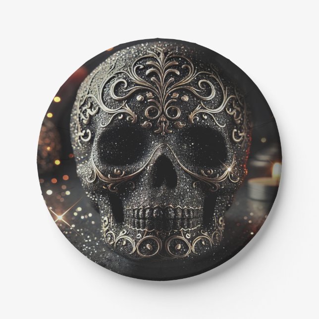 Plato De Papel Brillo Negro Glam Sparkle Calavera Gótico  (Anverso)
