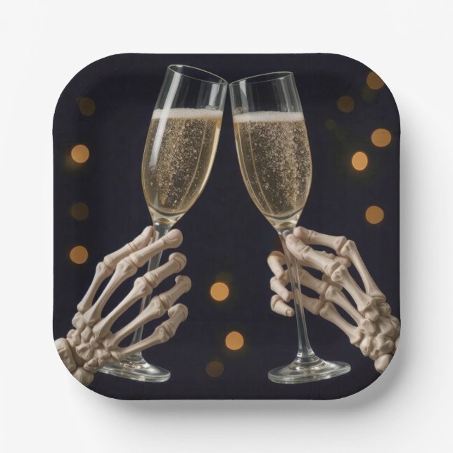 Plato De Papel Brindis de Champagne con Esqueleto de Halloween (Anverso)