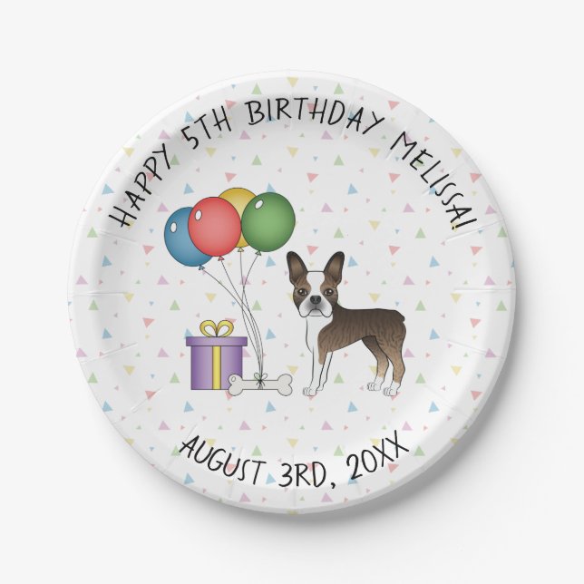 Plato De Papel Brindle Boston Terrier Cute Cartog Perro - Cumplea (Anverso)