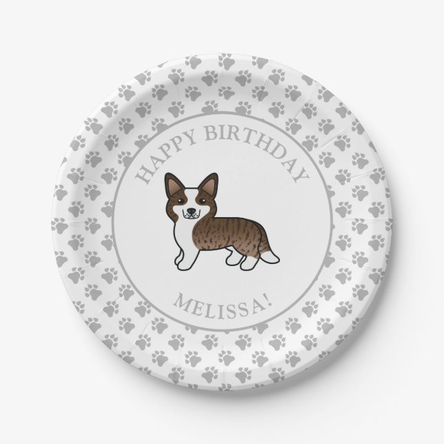 Plato De Papel Brindle Cardigan Welsh Corgi Fiesta de cumpleaños  (Anverso)