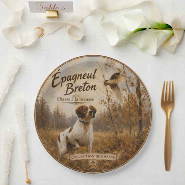 Plato De Papel Brittany Spaniel – Arte de Caza de Chocha (Boda)