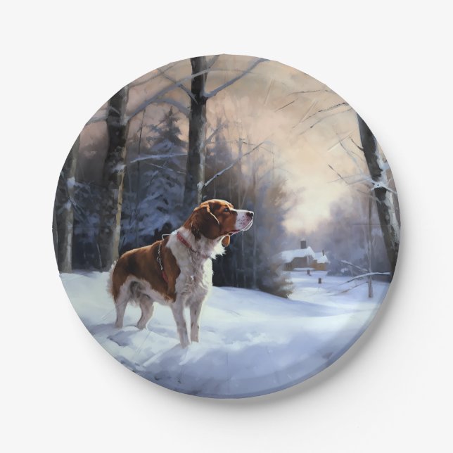 Plato De Papel Brittany Spaniel Let It Snow Navidades (Anverso)