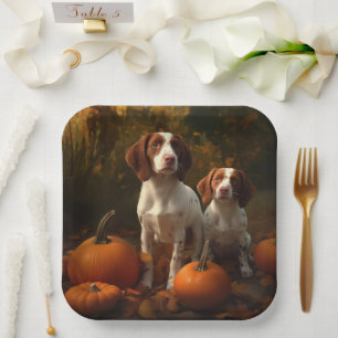 Plato De Papel Brittany Spaniel Puppy Calabaza deslumbrante otoño