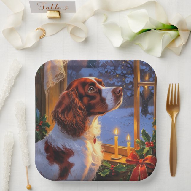 Plato De Papel Brittany Spaniel with Christmas Lights Holiday  (Boda)