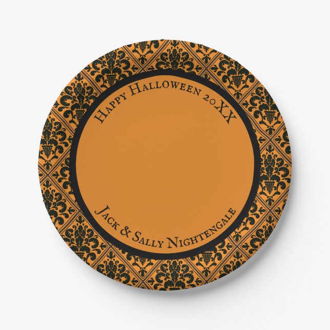 Plato De Papel Brocade Damask Black de Halloween en Naranja (Anverso)
