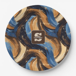 Plato De Papel Brochas de broche de abstracto de curry en azul y