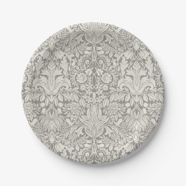 Plato De Papel broche de encaje de damasco blanco elegante (Anverso)