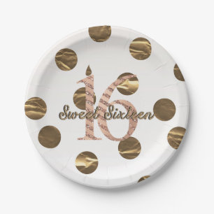 Plato De Papel Bronce Lunares Rosa Dorado Cumpleaños Dulces 16