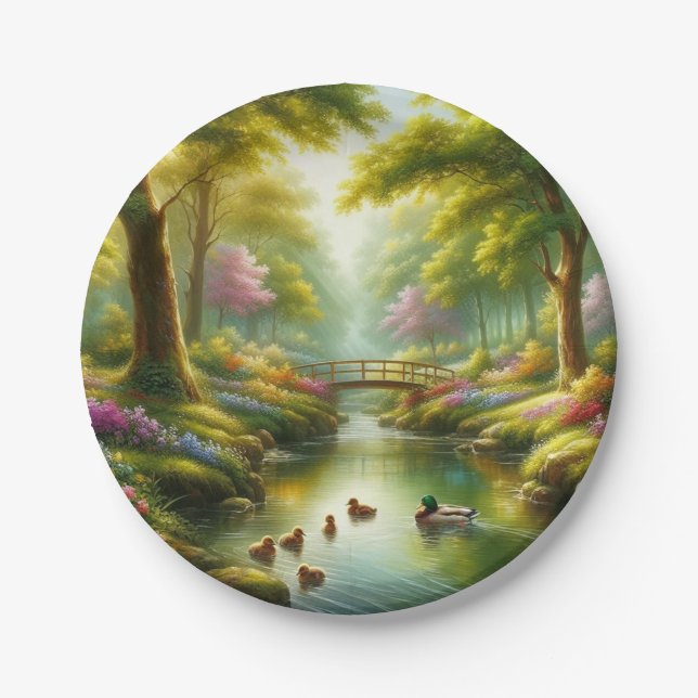 Plato De Papel Brook de primavera con patos/flores (Anverso)