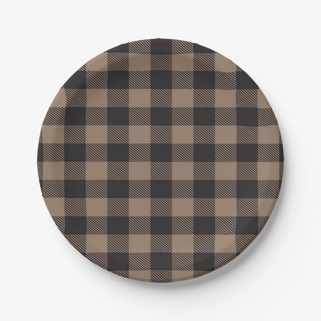 Plato De Papel Brown Black Gingham Buffalo Plaid Farmhouse (Anverso)
