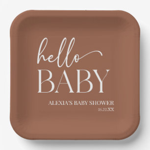 Plato De Papel Brown Boho Bohemian Hello Baby Baby Shower