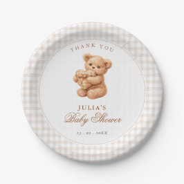 Plato De Papel Brown Gingham Teddy Bear Neutral Baby Shower Paper