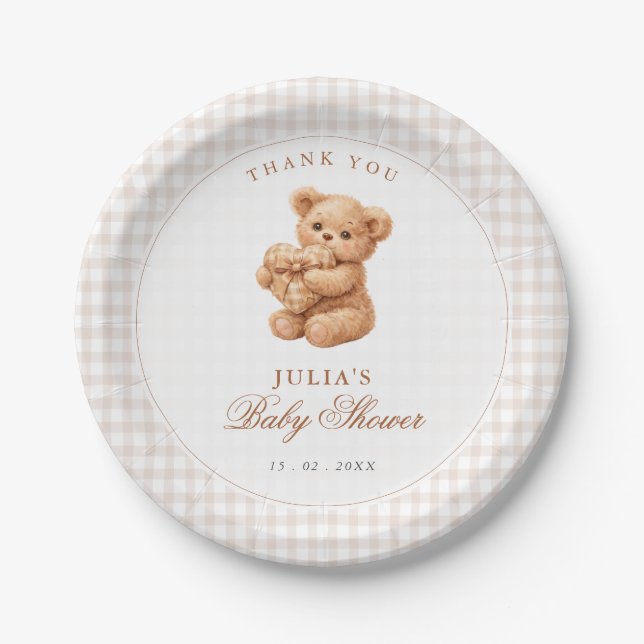 Plato De Papel Brown Gingham Teddy Bear Neutral Baby Shower Paper (Anverso)
